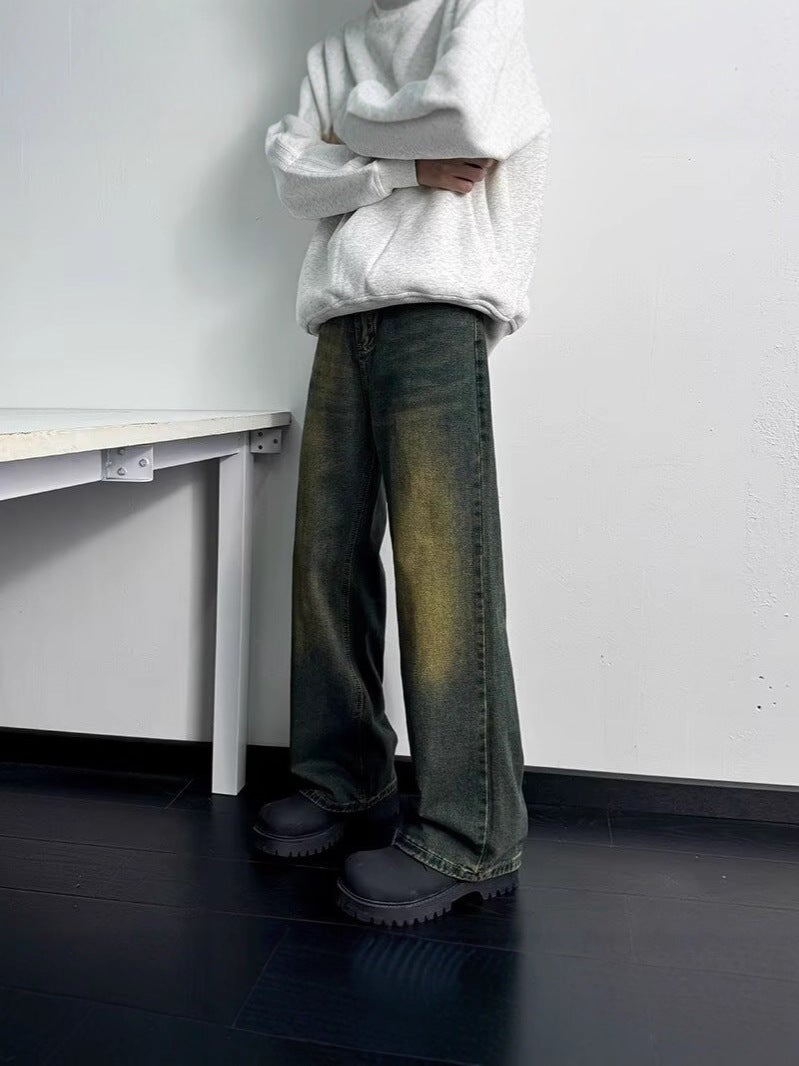 Chinese Retro Blue Washed Jeans For Men, Handsome Korean Style Loose Washed Straight Wide-Leg Floor-Length Pants - Image 4